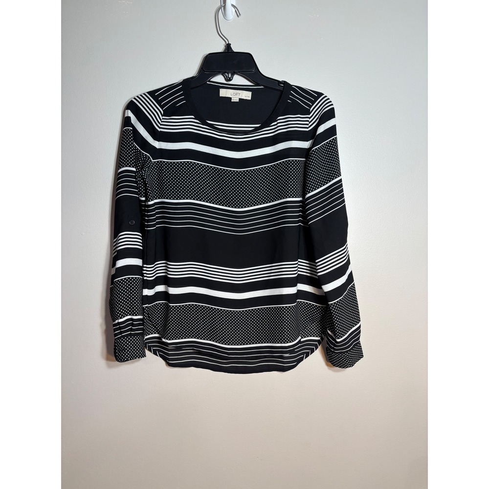 LOFT Petite Black White Striped Polka Dot Long Sleeve‎ Blouse Top XXSP